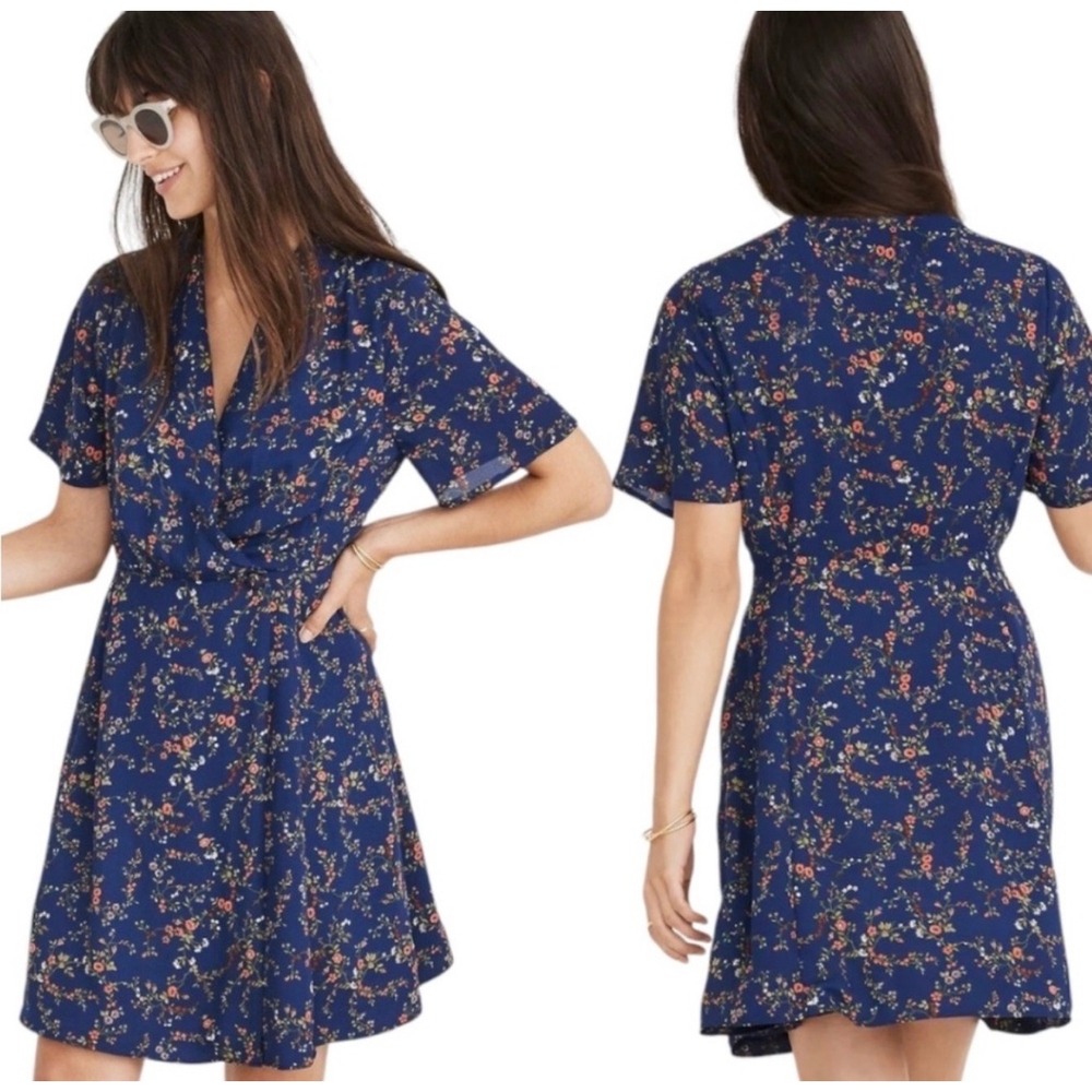 Madewell Navy Blue Floral Wrap Mini Dress Short Sleeve V-Neck Size 0